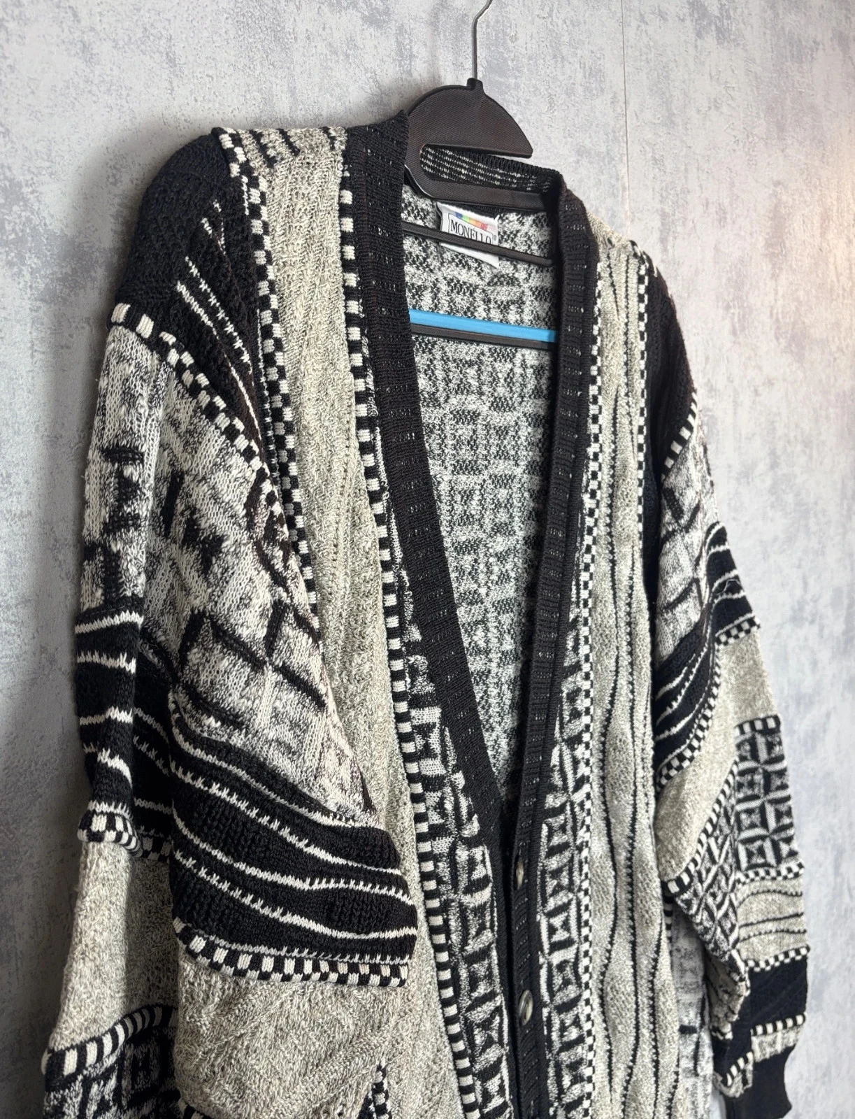 Cardigan Monello vintage Coogi style noir beige / motif géométrique 3D coton, taille L